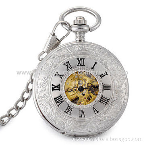 Vintage Skeleton Automatic Pocket Watch, Alloy Case and Chain, 3ATM Waterproof